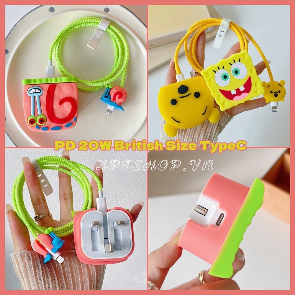 Conjunto De Quatro Peças De Silicone Bob Esponja Para iPhonePD20W Tamanho Britânico TypeC Triangular Dobrável Cabo De Da