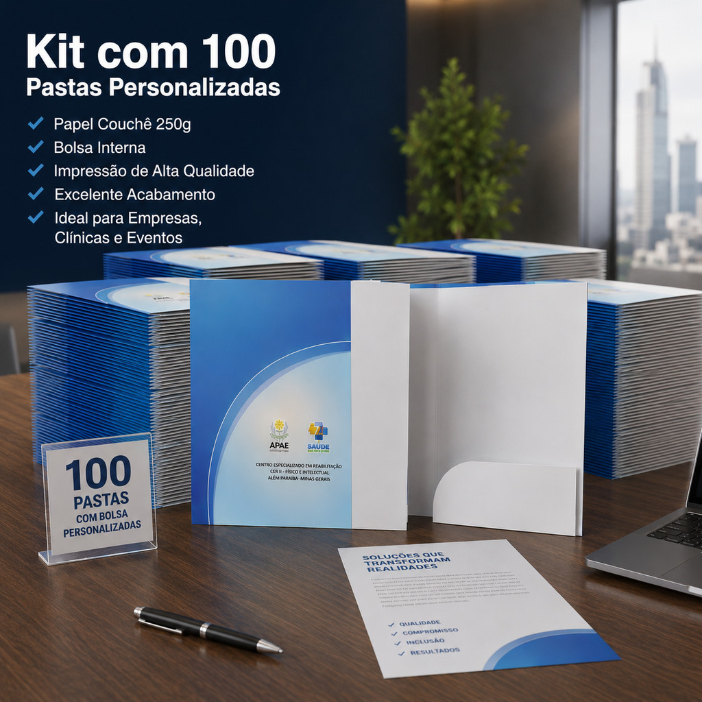 100 Pastas Personalizadas com Bolsa Interna Papel Couchê 250g Impressão Premium para Empresas, Clínicas e Eventos