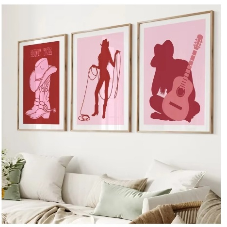 Quadros decorativos Orang Rosa, Preppy Western Cowgirl Guitar, Trendy (3 peças)