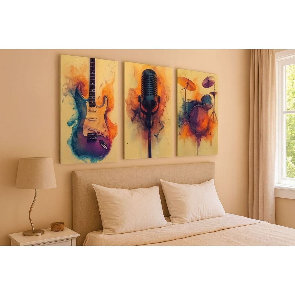 Quadro Decorativo Música Guitarra Microfone Bateria Kit 3 Peças Para Quarto Músico Musicista