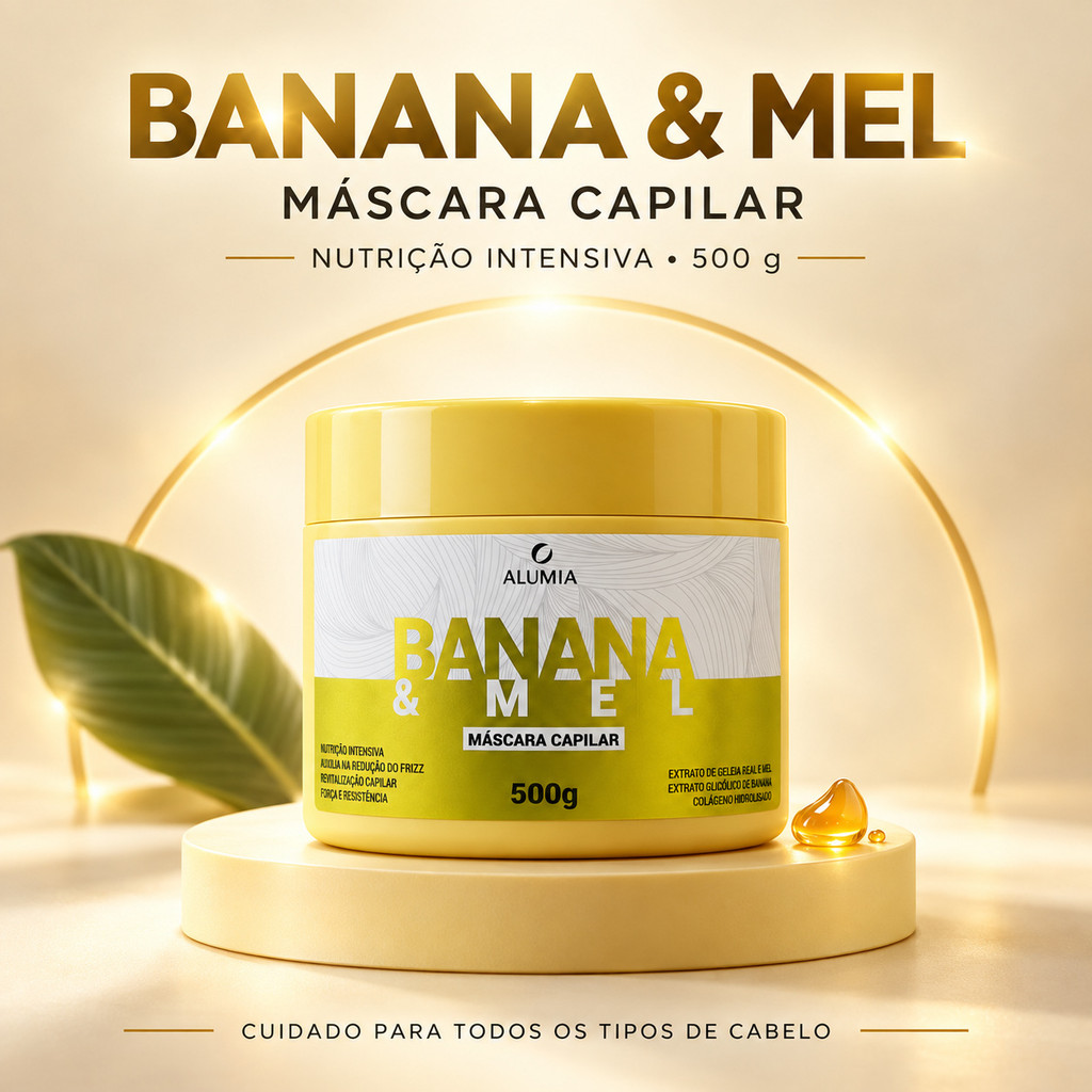 Máscara para Cabelos Opacos Banana e Mel Alumia 500g Nutrição Revitalização Maciez e Brilho