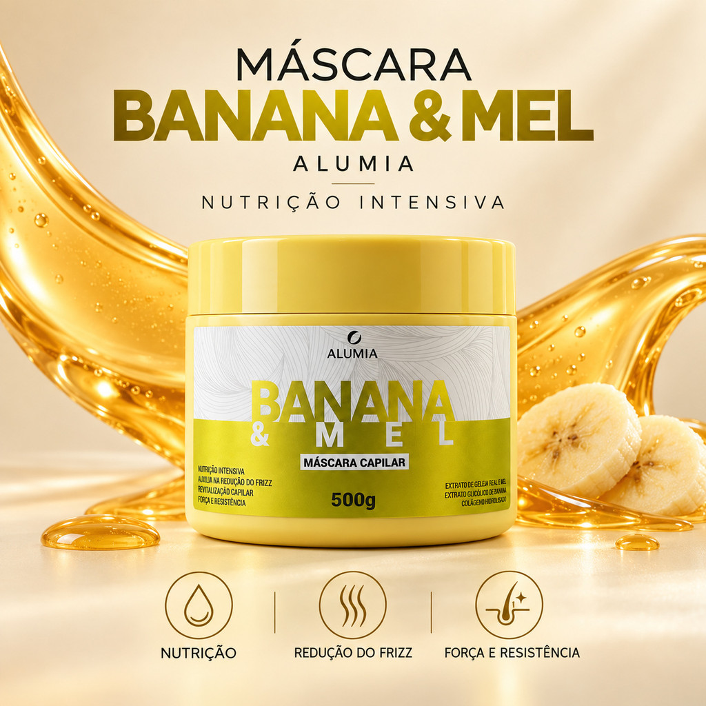 Máscara Capilar Anti Frizz Banana e Mel Alumia 500g Nutrição Cabelos Ressecados e Alinhamento