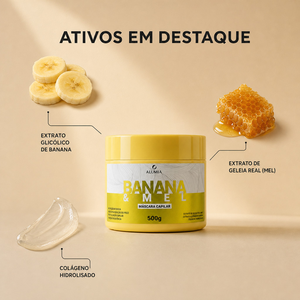Máscara Banana e Mel 500g Alumia com Colágeno Hidrolisado Nutrição Intensiva e Anti Frizz