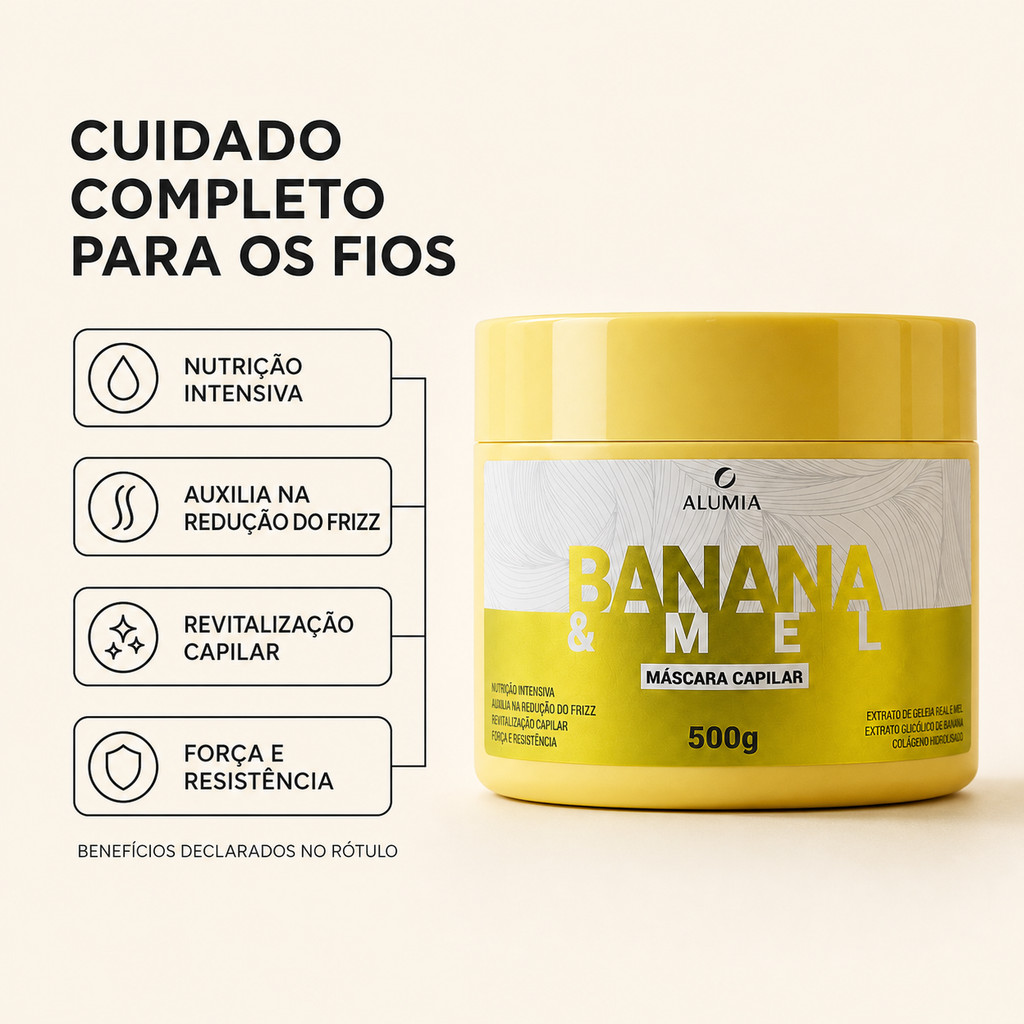 Máscara Cabelo Frágil e Danificado Banana e Mel Alumia 500g Colágeno Força Nutrição Intensiva