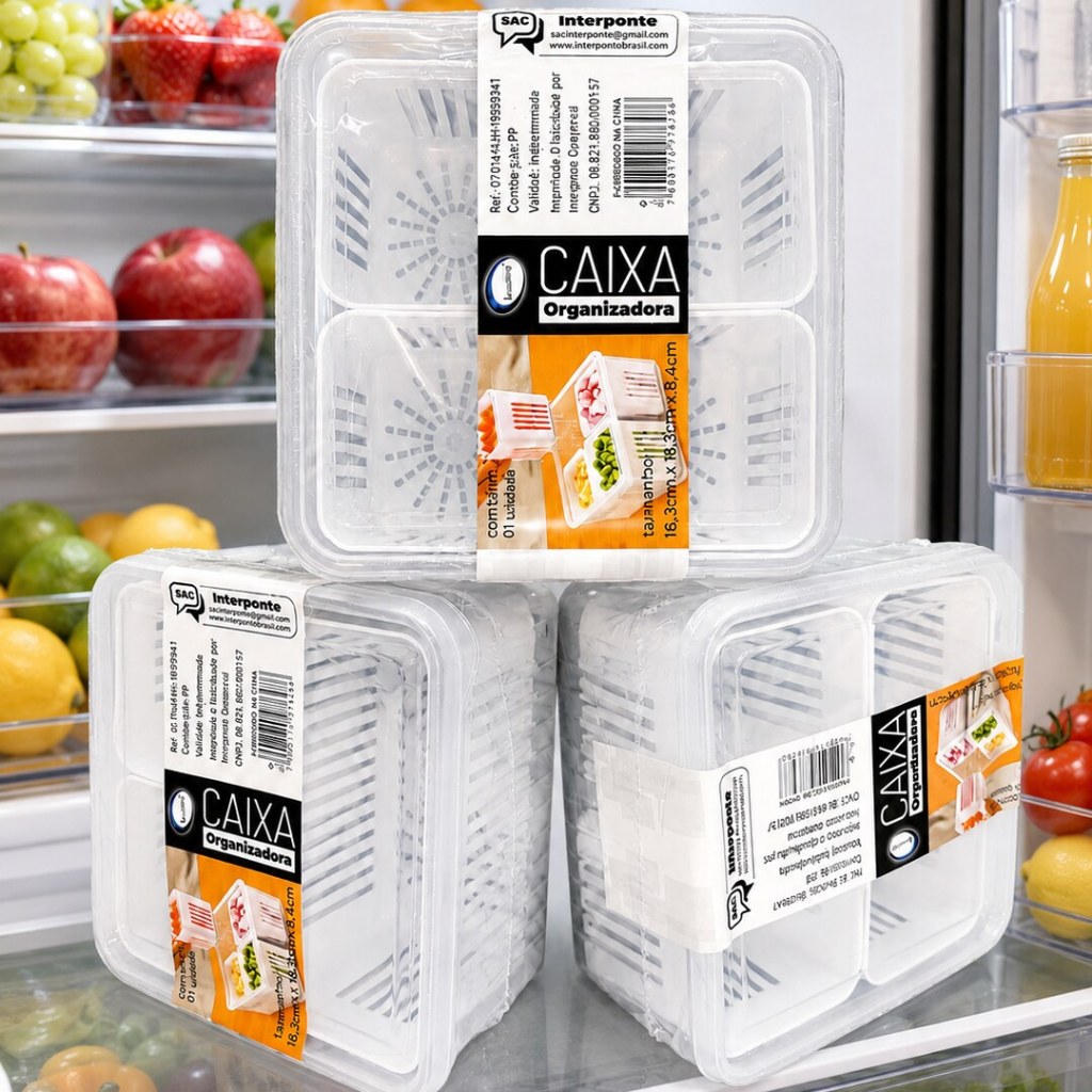 Kit 3 Caixas Organizadoras para Geladeira com 2 Cestos Removíveis para Frutas e Legumes Interponte