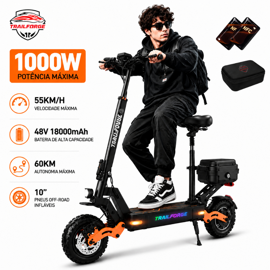 Trailforge-G1 1000W Patinete Elétrico 150kg  55KM/H 10-inch off-road inflatable tire