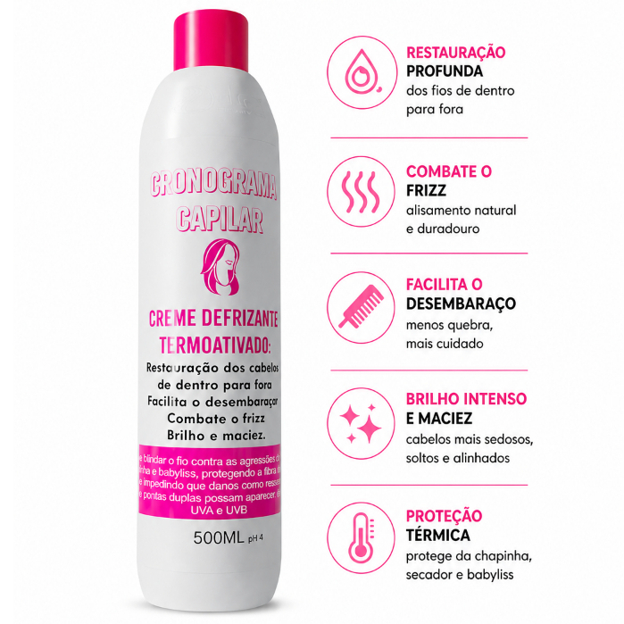 Defrizante Termoativado UVA e UVB 500ml Leave-in Finalizador Facilitador de Escova Detra Cosmetic
