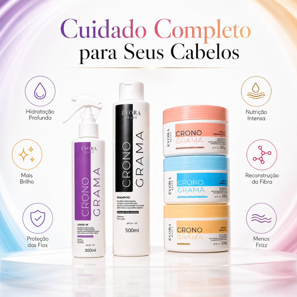 Kit Cronograma Capilar Completo Shampoo 500ml Leave-in 300ml Hidratação Nutrição Reconstrução Profissional
