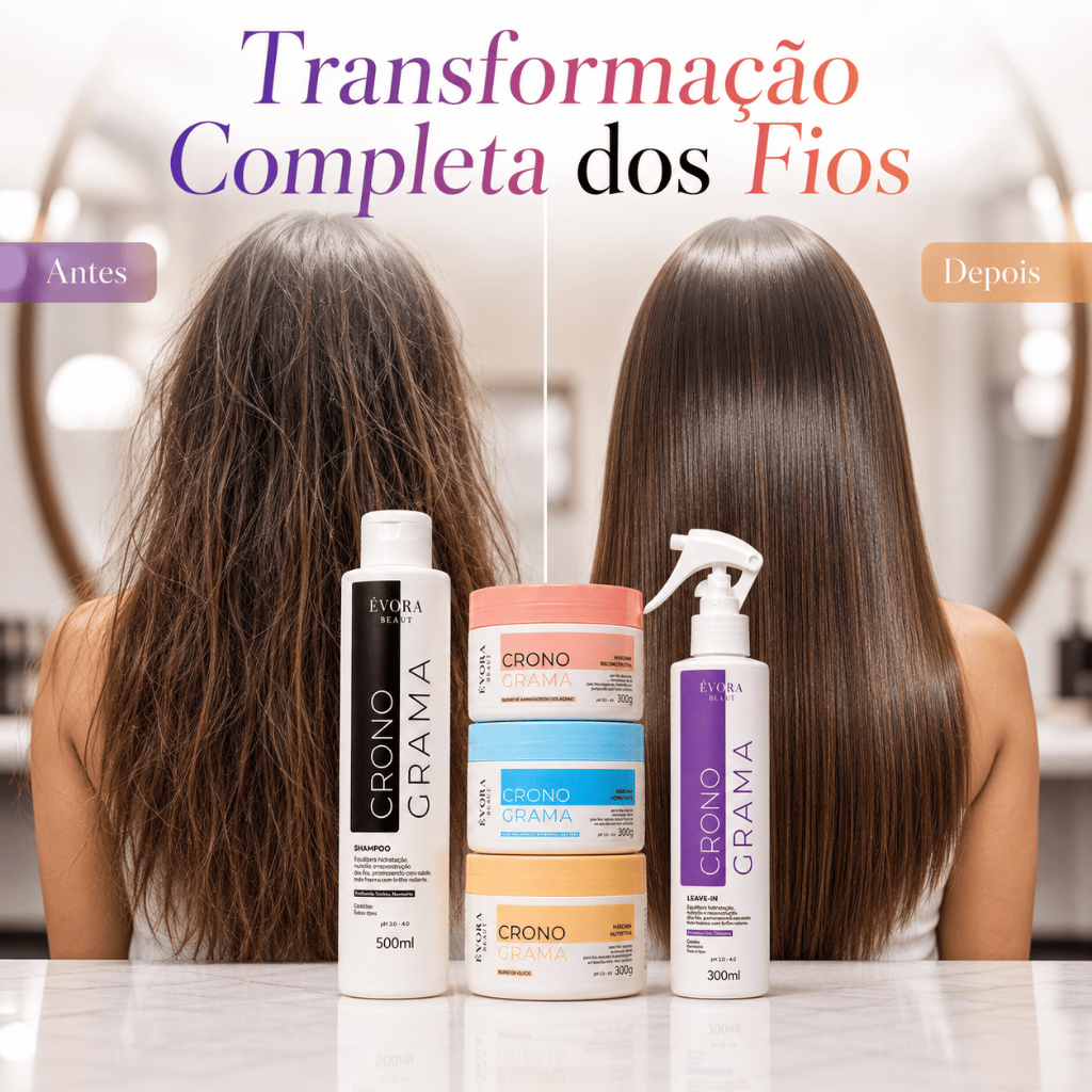 Kit Cronograma Capilar Completo Évora Beaut Shampoo 500ml Leave-in 300ml Hidratação Nutrição Reconstrução Profissional