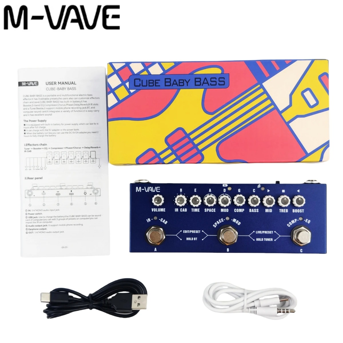 M-VAVE Cube Baby Bass: 9 Simulações de Amp/Carregamento de IR/Controle DAW | Sistema de Baixo de Estúdio 3 Correntes de