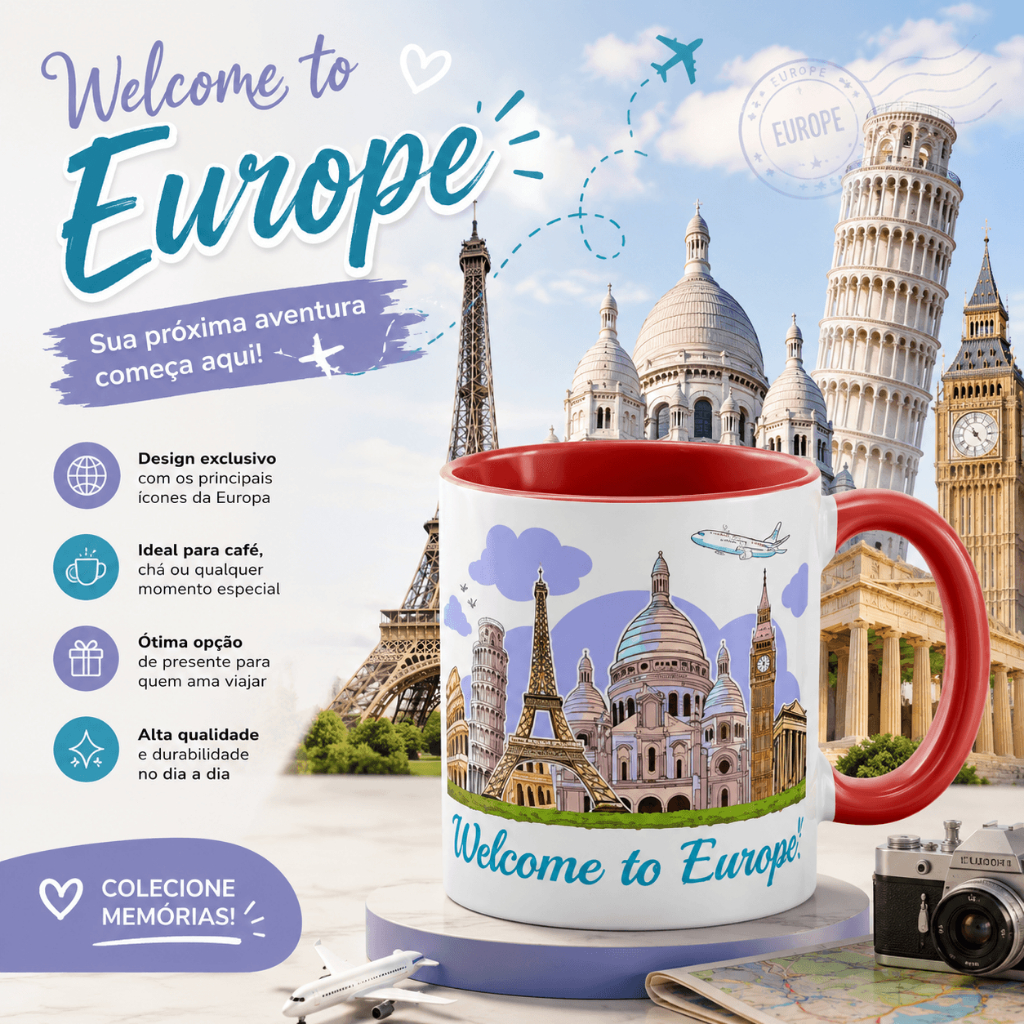Caneca Welcome to Europe Cerâmica Turismo Turísticos Europeus Presente de Viagem Lembrancinha