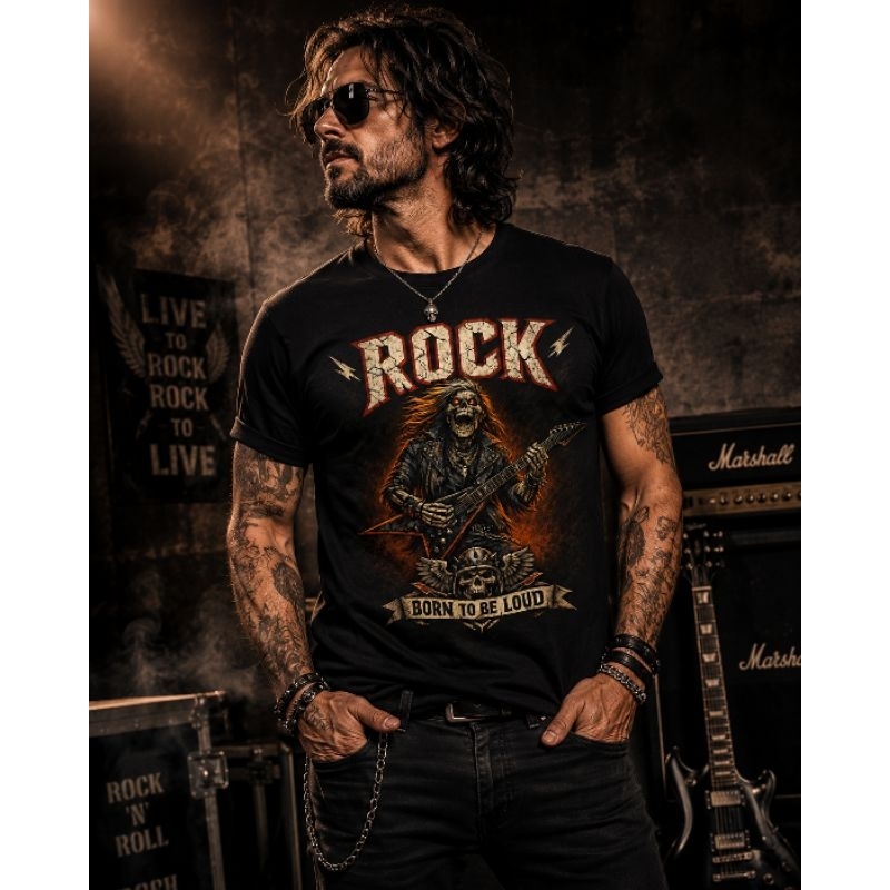 Camiseta Rock Caveira Guitarrista Heavy Metal Born To Be Loud Masculina Preta Estampa Premium