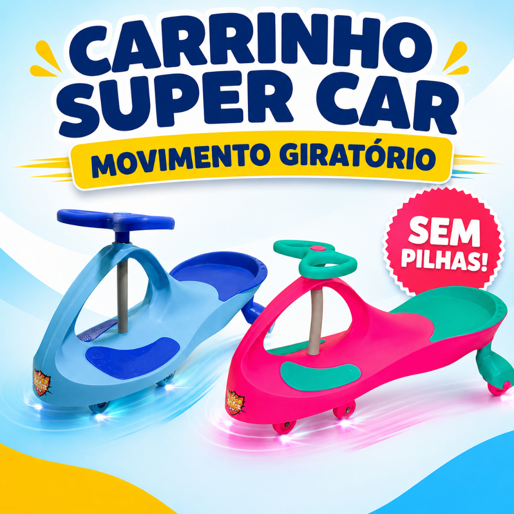 🚗 Carrinho Infantil Super Car Giratório 360° com LED Sem Pilhas Azul ou Rosa +3 Anos