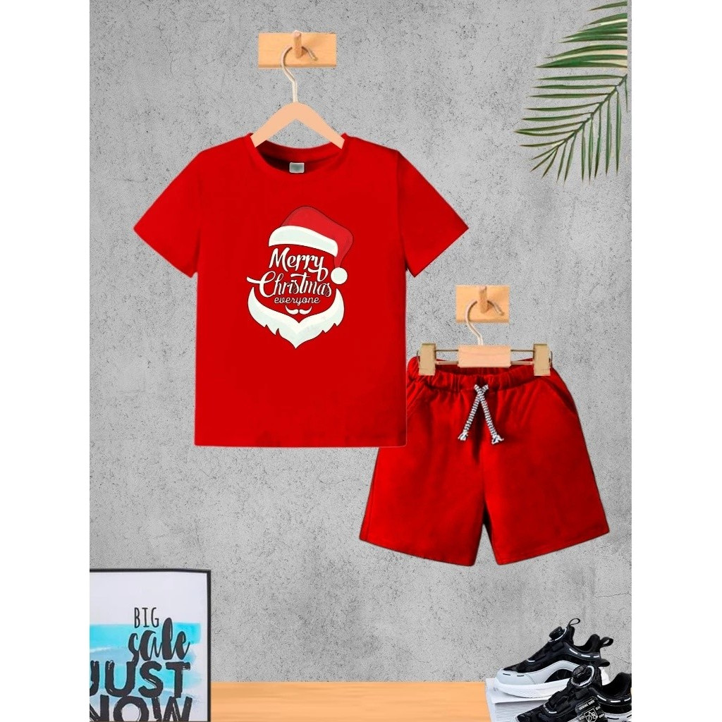 Camiseta Short Conjunto Infantil Papai Noel Merry Christmas Conjunto De Bermuda Juvenil Conjunto De Bermuda Juvenil