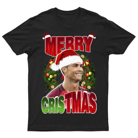 Camiseta de Natal Cristiano Ronaldo Merry Christmas Camisa Natal Unissex 100% Algodão