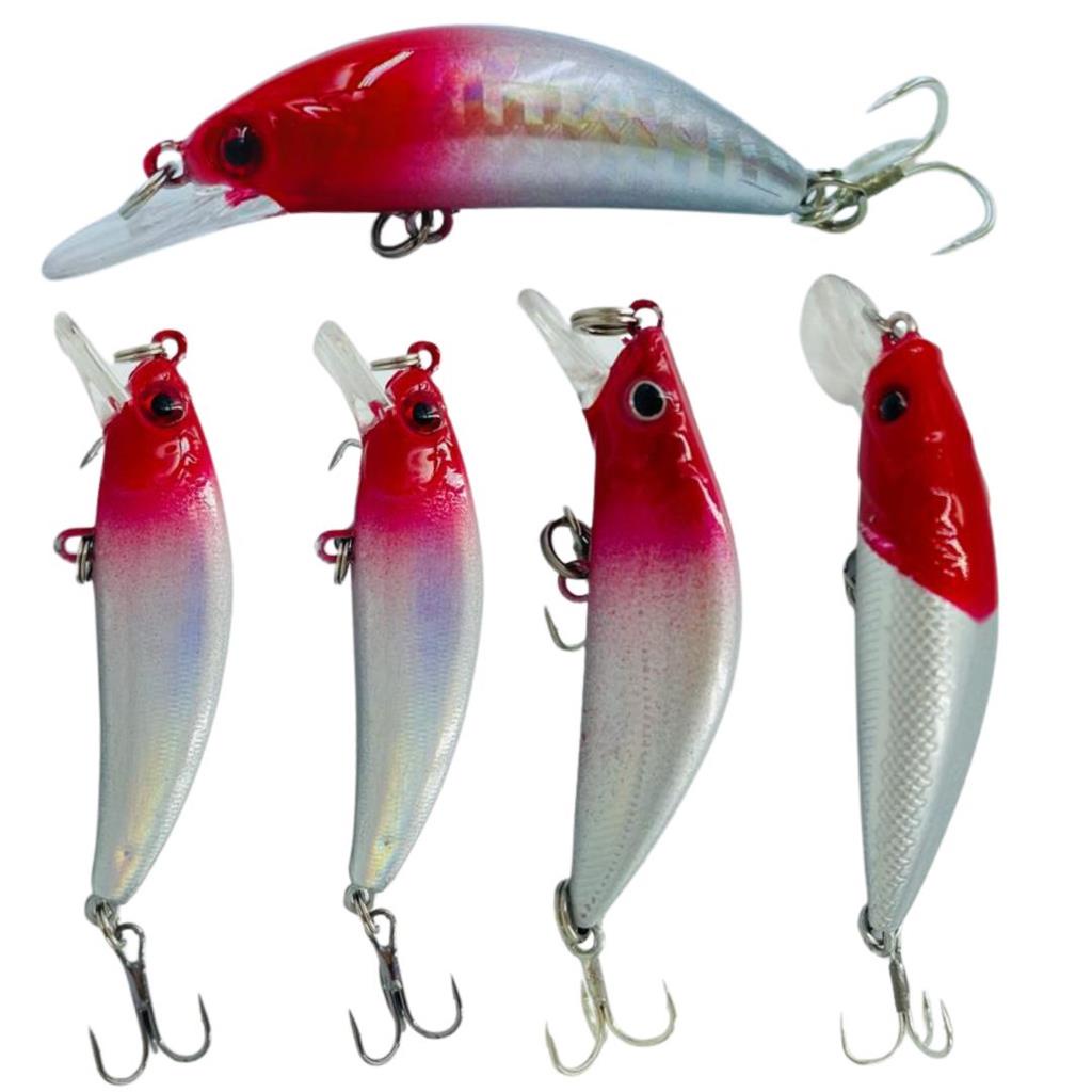 Kit 5 Iscas Artificiais Meia Agua Crank Bait Cabeca Vermelha com Estojo
