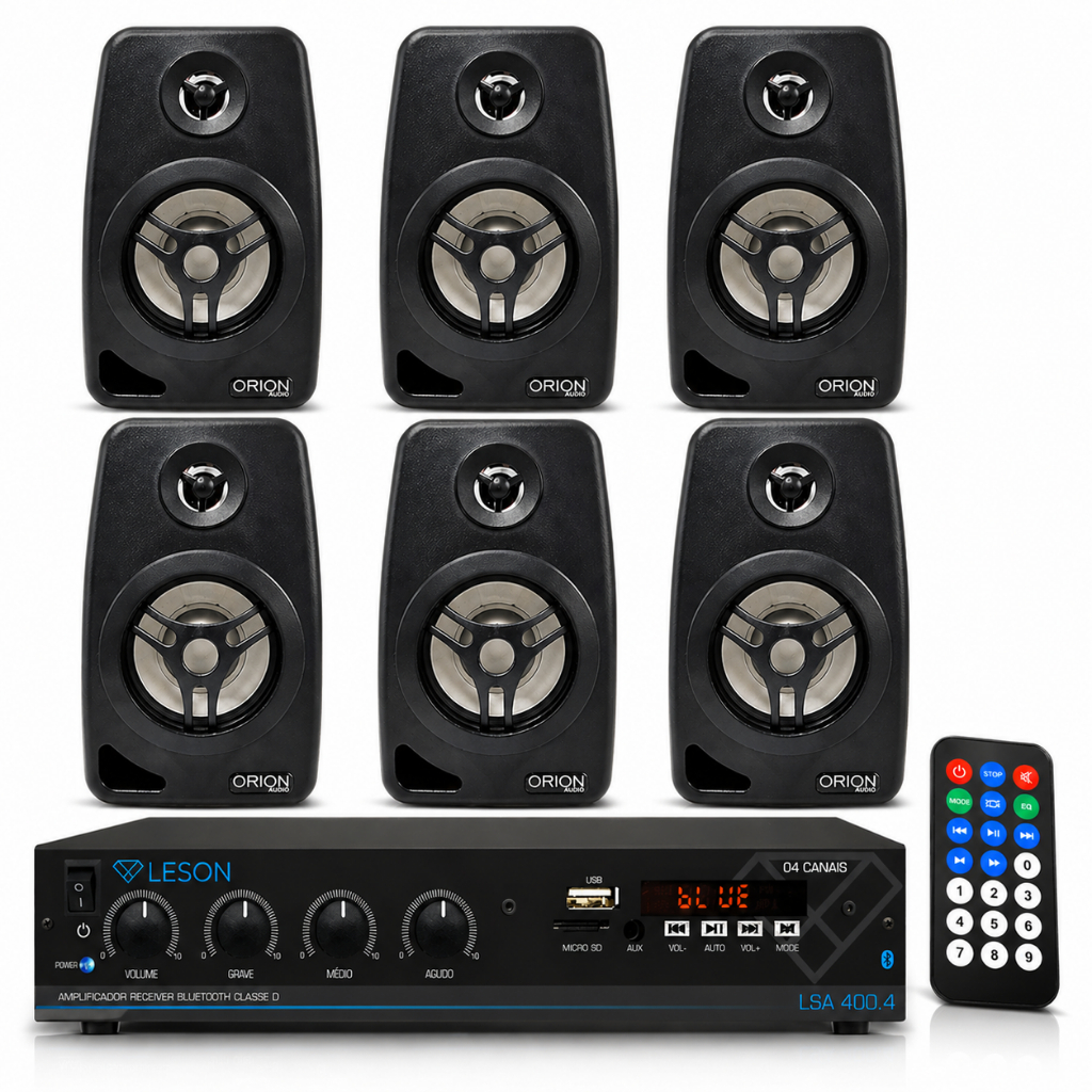 Kit Som Ambiente 6 Caixas 55W + Amplificador Bluetooth 4 Canais USB FM Controle Grave