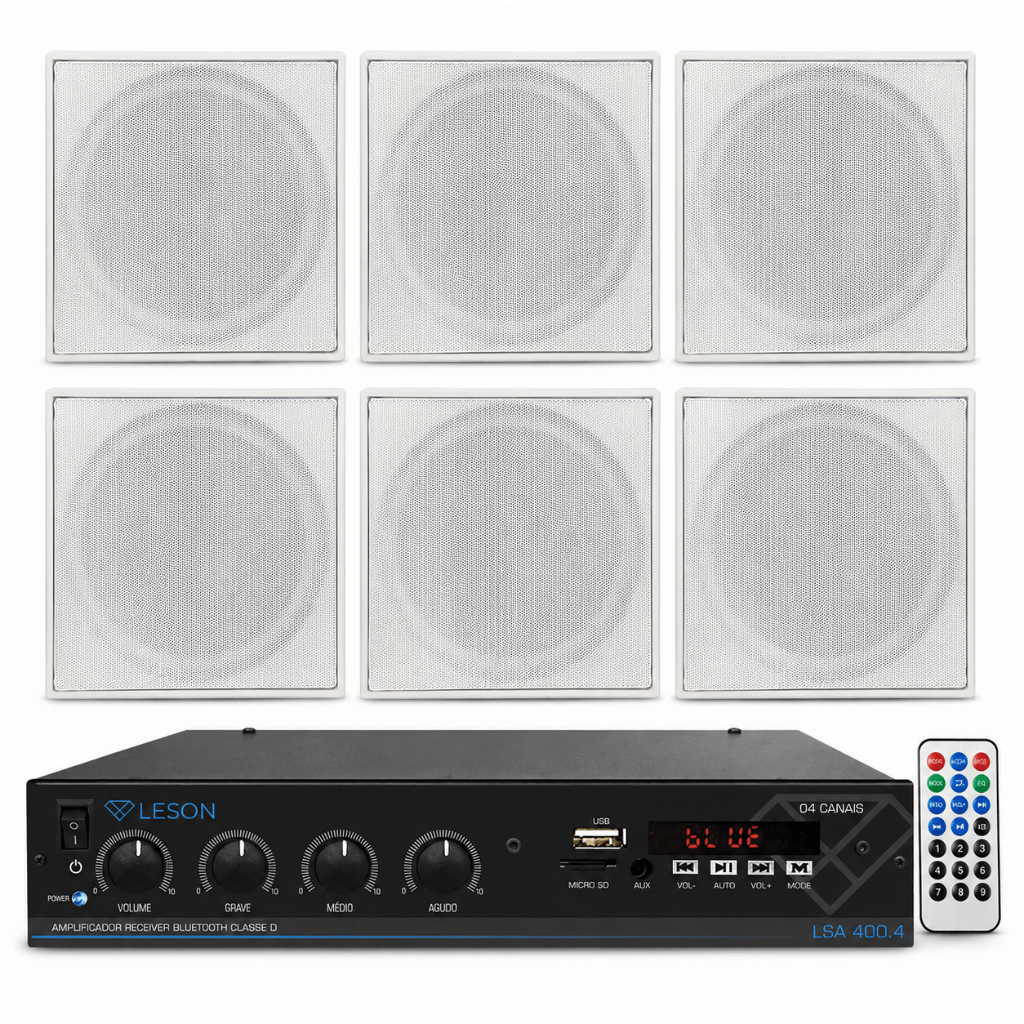 Kit 6 Caixas Som Embutir Teto Quad Amplificador 4ch Bt Grave