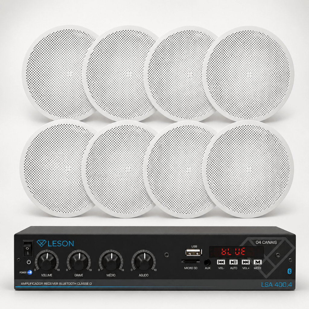 Kit Som Ambiente 8 Caixas + Amplificador Bluetooth 4 Canais 60W Pronto Para Instalar