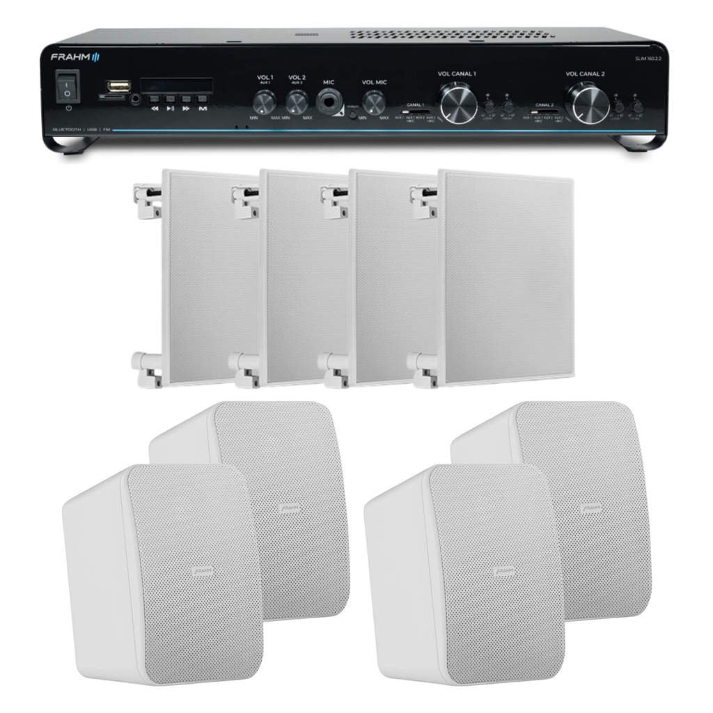 COMP Kit Som Ambiente Posto de Gasolina Amplificador Slim + 4 Arandelas + 2 Pares de Caixa de Som