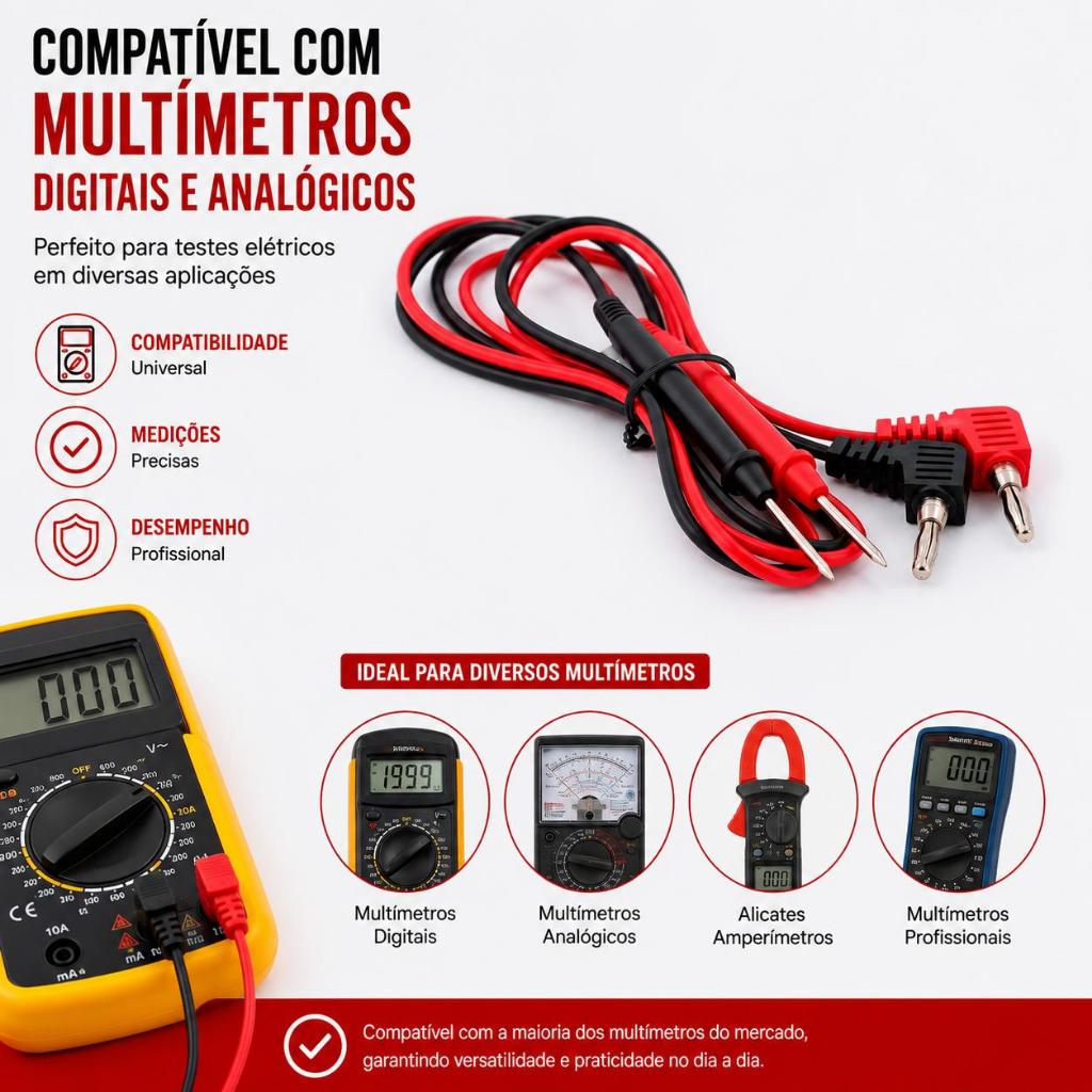 Cabo De Prova Para Multímetro Digital Analógico Pontas Banana Plug Universal Até 1000V Kit Completo top
