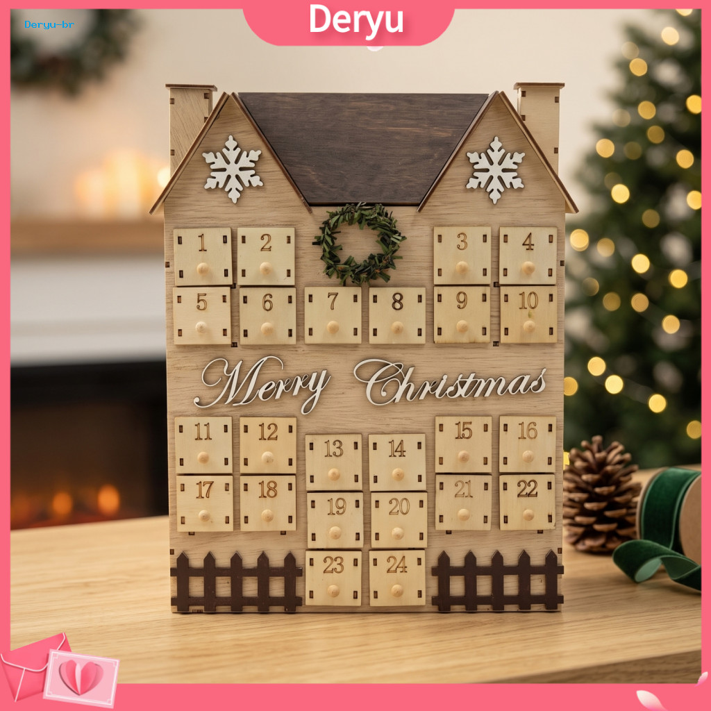 Christmas Decorative Cabin Wooden Advent Calendar with 24 Drawers – Refillable Xmas Countdown House Festive Desktop De
