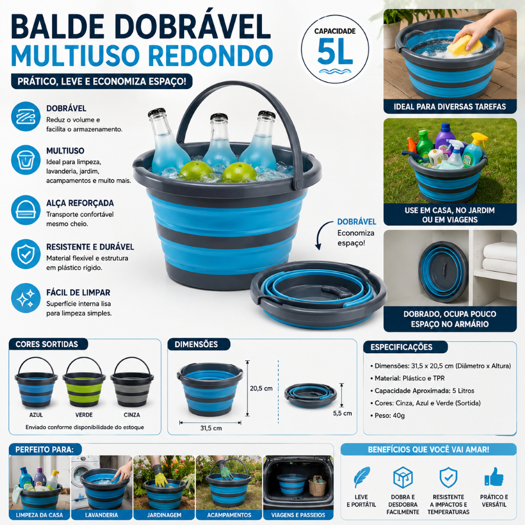 Balde Dobrável Compacto Portátil Multiuso Redondo Capacidade 5 Litros Sortido