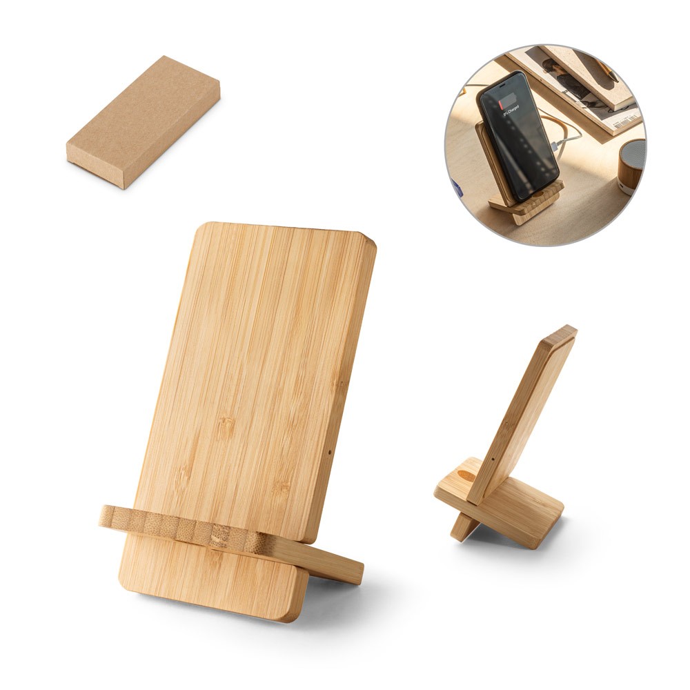 Carregador Wireless Super Rápido E Suporte Em Bambu