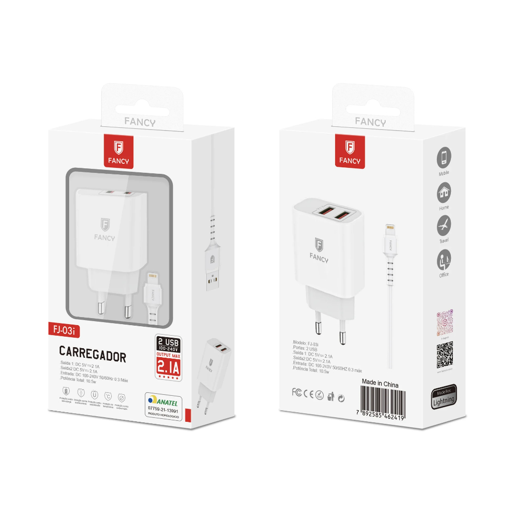 FJ03i  - KIT CARREGADOR 2.1A 2 SAÍDAS + CABO FANCY