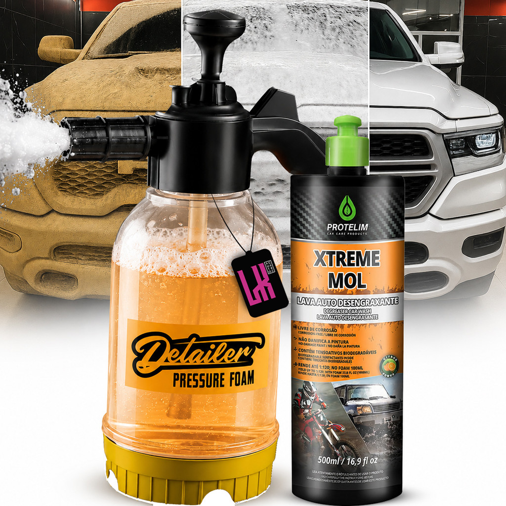 Kit Pre Lavagem Sem Toque Tira Barro Pulverizador Gerador de Espuma Snow Foam Shampoo Desengraxante Xtreme Mol