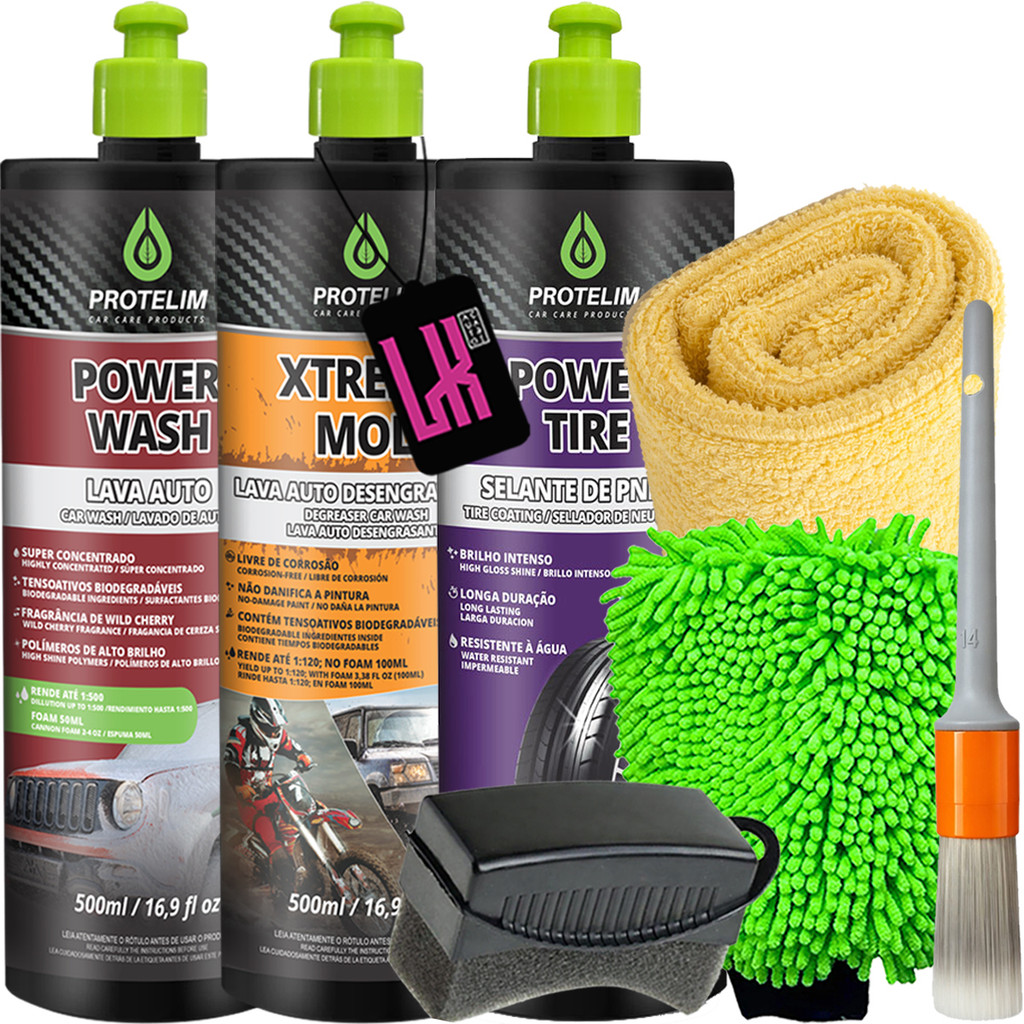 Kit Lavagem Automotiva Protelim Xtreme Mol Power Wash Protelim Shampoo Selante Pneu Pretinho
