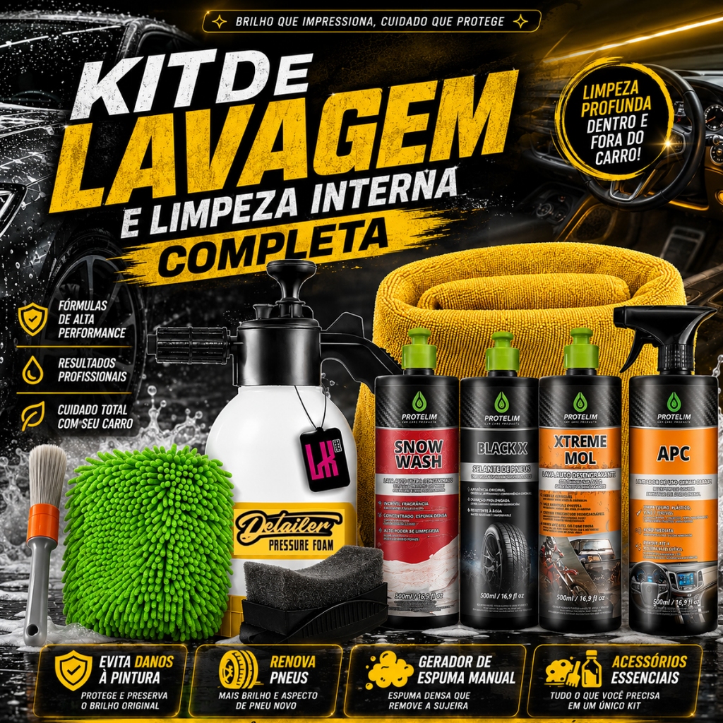 Kit Completo para Lavar Carro Pulverizador Snow Wash Xtreme Mol Black X Apc Limpa Interna Toalha