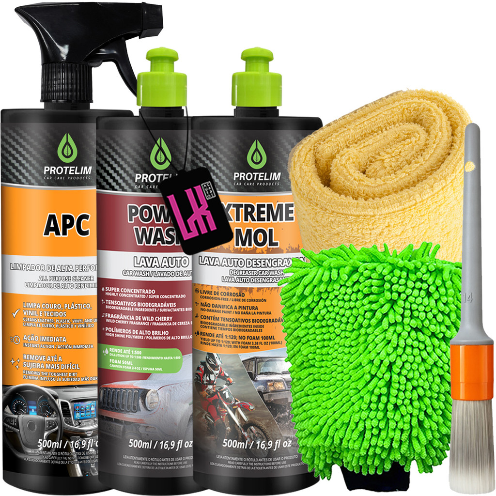 Kit Lavagem Automotiva Power Wash Xtreme Mol Apc Protelim Shampoo Neutro Desengraxante Limpa Interna