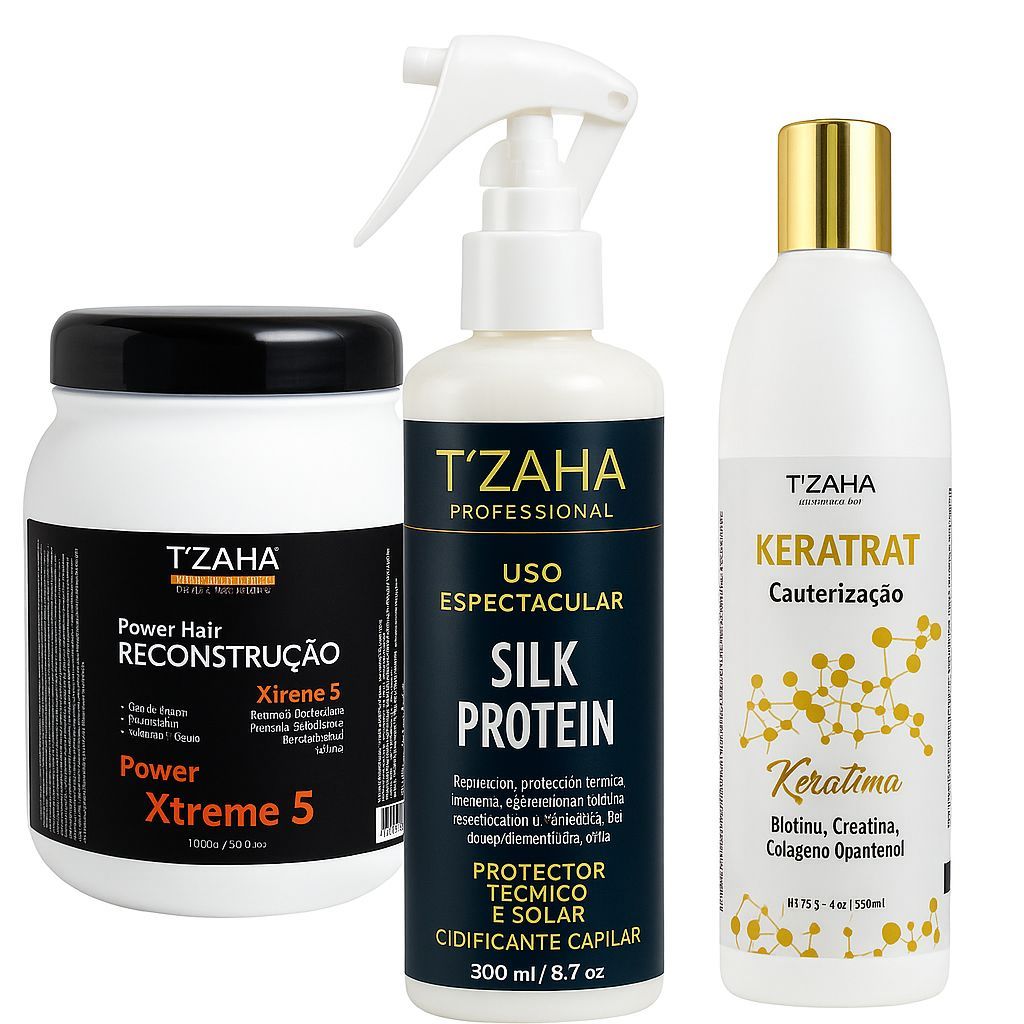 Kit Anti Queda Restauração Capilar Profunda Tzaha Keratrat + Hidratação Power Hair Xtreme + Uso Espetacular Silk Protein