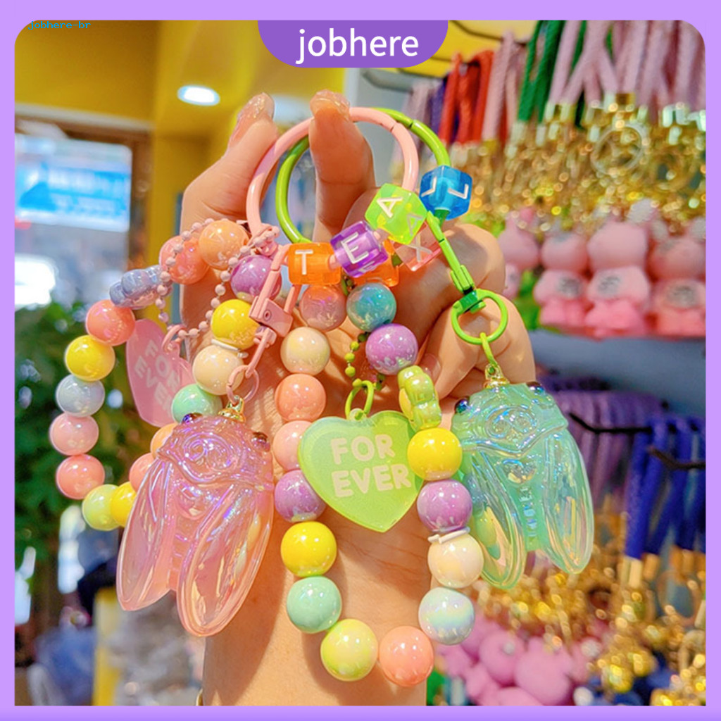 Phone Chain Accessory Macaron Color Beads Keychain with Glitter Cicada Pendant – Strong Load-bearing Anti-lost Mobile