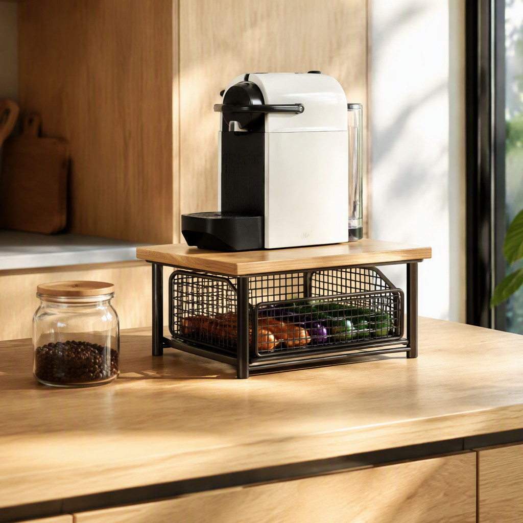 Wooden Coffee Maker Storage Rack with Drawer – Metal Bar Organizer for Kitchen Counter Strong Load Bearing Station She