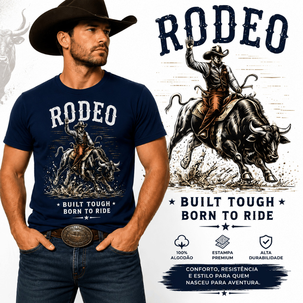 Camiseta Rodeio Country | Rodeo Built Tough Born To Ride | 100% Algodão | Estampa Premium Cowboy | Adulto e Infantil