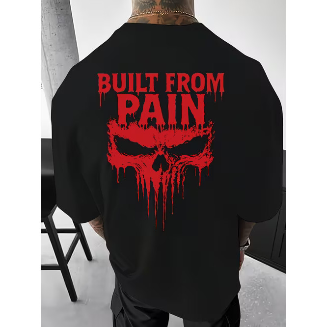 Camiseta Masculina Estampa Skull Built From Pain Moderna Confortável Estilosa Tendência