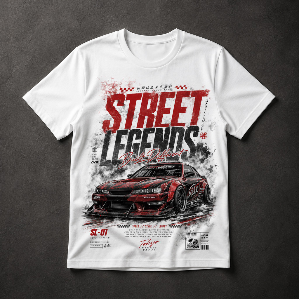 Camiseta Street Legends Built Different Tokyo Nights JDM Tuning Drift Masculina