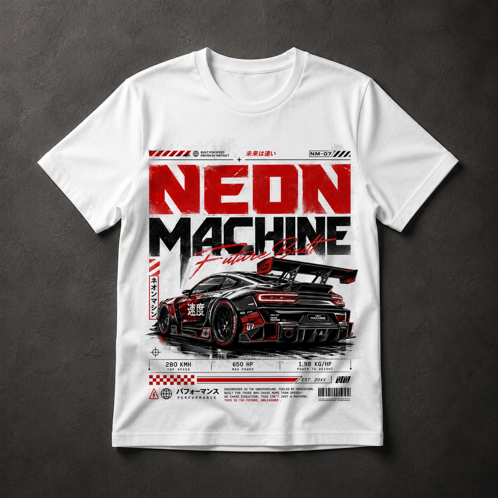 Camiseta Neon Machine Future Built NM-07 Carro Corrida Futurista Preto Vermelho