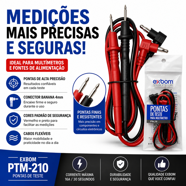 Pontas de Teste para Multímetro Exbom PTM-210 Ponta de Prova Banana 4mm Garra Jacaré Cabo de Teste 16A