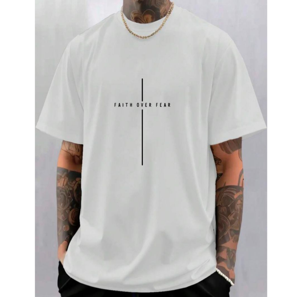 Camisa Camiseta Masculina Premium Faith Over Fear Malha Casual 100% Algodão