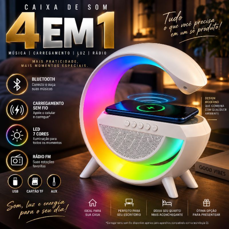 Caixa de Som Bluetooth com Carregador Sem Fio Wireless Qi LED RGB 7 Cores Rádio FM USB AUX  Luminária Decorativo