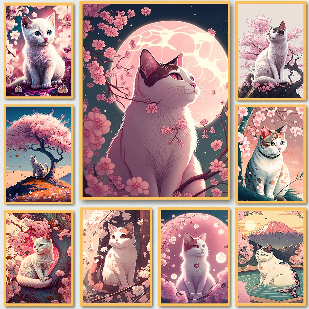 Quadro decorativo gato Colorido japonês Pop Art Cat Canvas Poster, Natureza Cherry Blossom