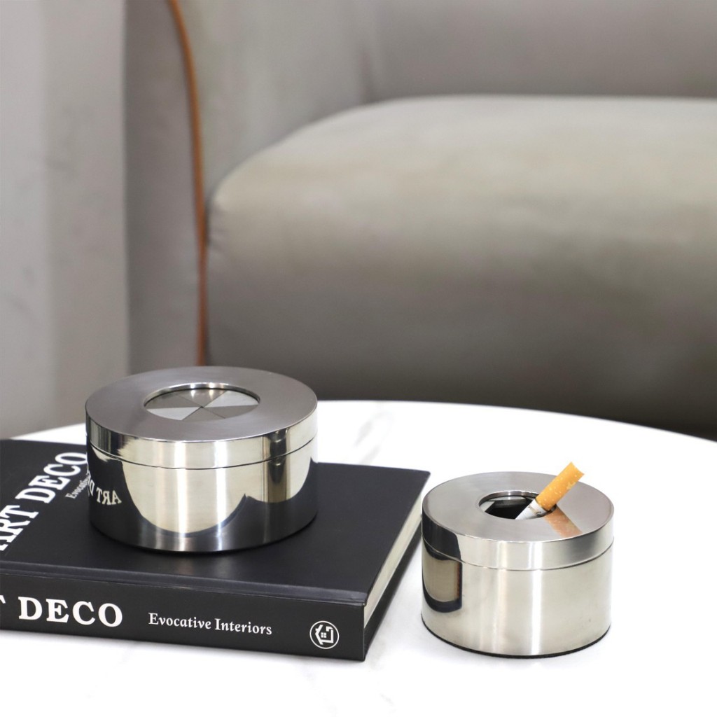 45ZO Modern minimalist stainless steel rotating ashtray with lid, designed to prevent ash from scattering, suitable for