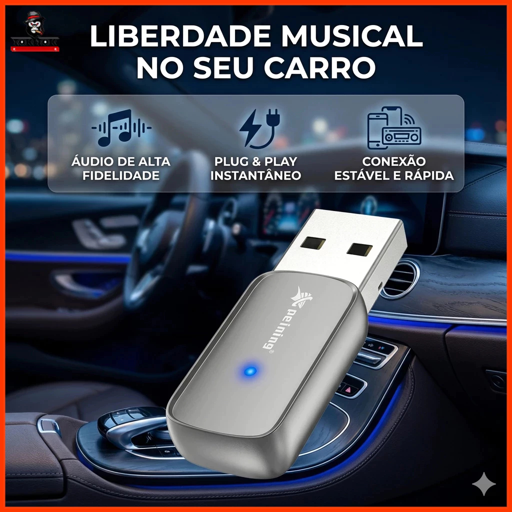 Adaptador Bluetooth PEI-BTA05 USB Automotivo Receptor Áudio Sem Fio Plug Play V5.1