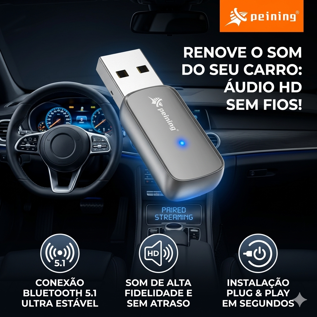 Adaptador Bluetooth PEI-BTA05 USB Automotivo Áudio Sem Fio V5.1 Plug Play