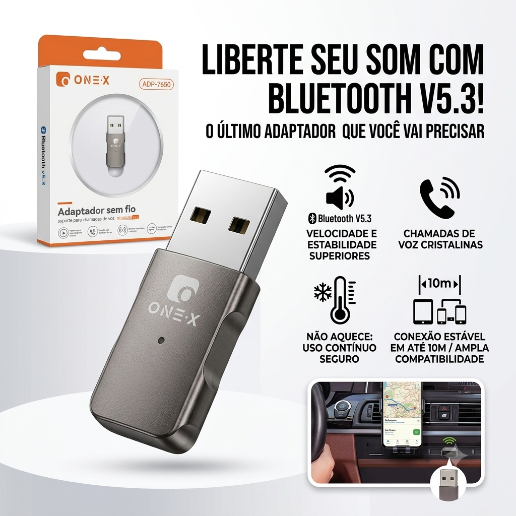 Adaptador Bluetooth 5.3 USB ADP-7650 Receptor e Transmissor de Áudio para  Carro Caixa de Som Plug Play
