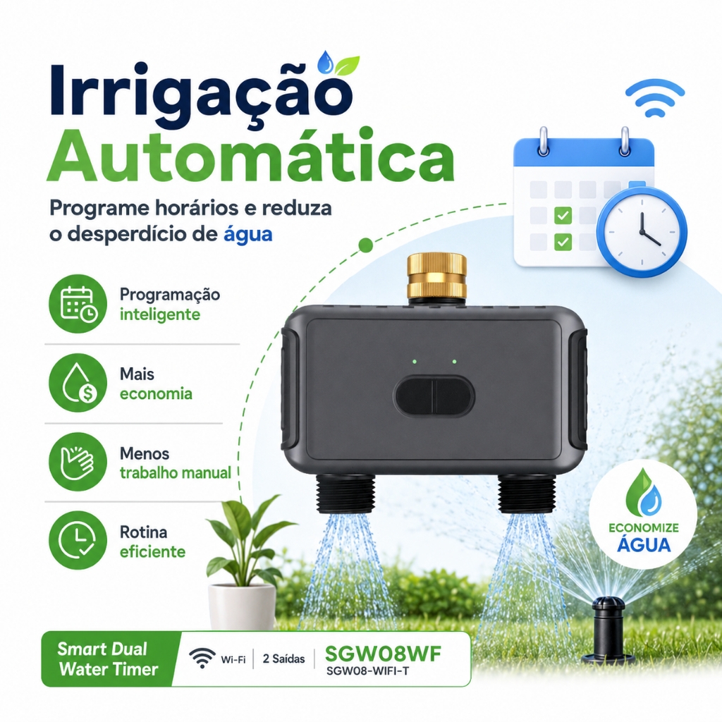 Temporizador Irrigação Wi-Fi 2 Saídas SGW08WF Smart Water Timer Jardim App IP55