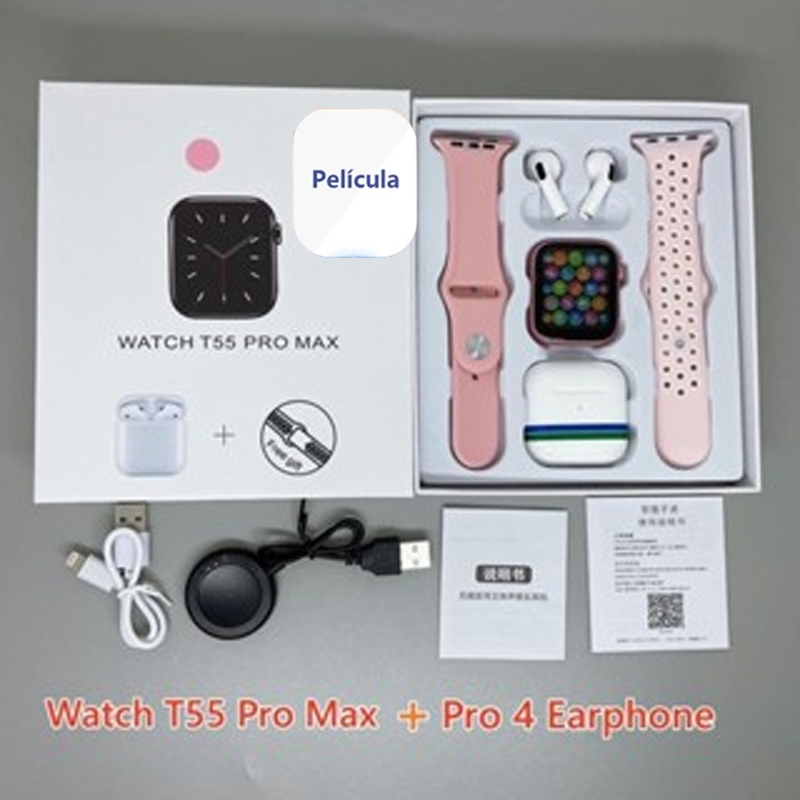T55 Pro Max Smart Watch Com 4 Earbuds Set Hot-sale 2 Alças Bluetooth Chamada De Papel De Parede Personalizado